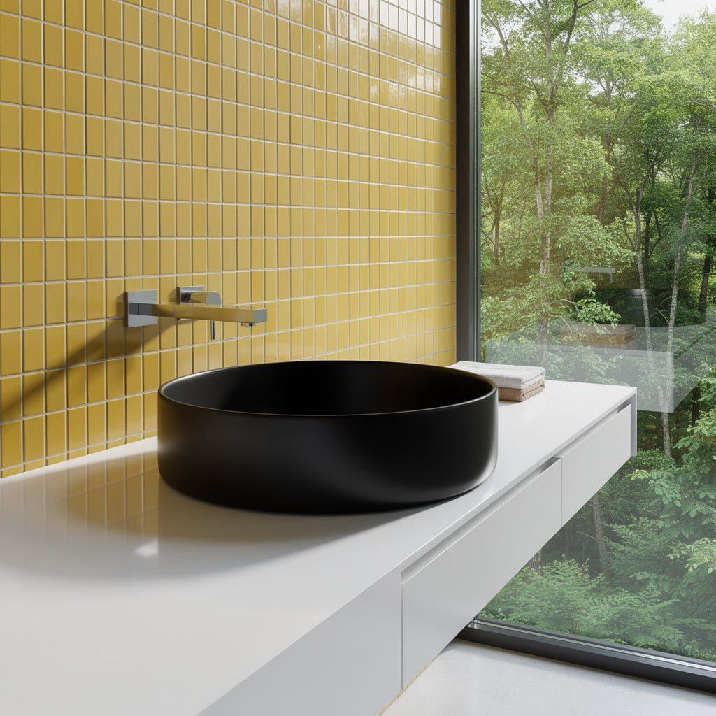 Desna - lavoar rotund negru mat, elegant, din ceramic, pe blat, VUD B236
