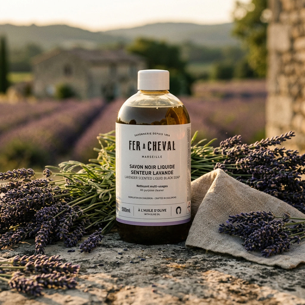 Fer à Cheval - Săpun Negru Lichid cu Lavandă, 500 ml  Detergent universal multifuncțional, cu ulei de măsline, pentru curățare naturală în toată casa