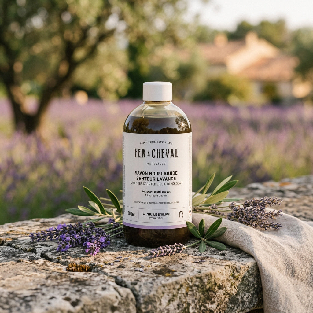 Fer à Cheval - Săpun Negru Lichid cu Lavandă, 500 ml  Detergent universal multifuncțional, cu ulei de măsline, pentru curățare naturală în toată casa